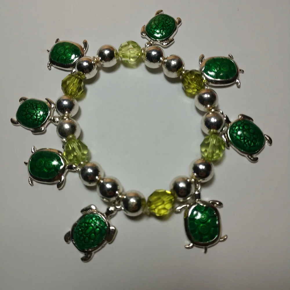 🆕🐢Turtle 🐢 Charm Bracelet Sterling Silver Beads on Heavy Stretch Cord New - Picture 2 of 10